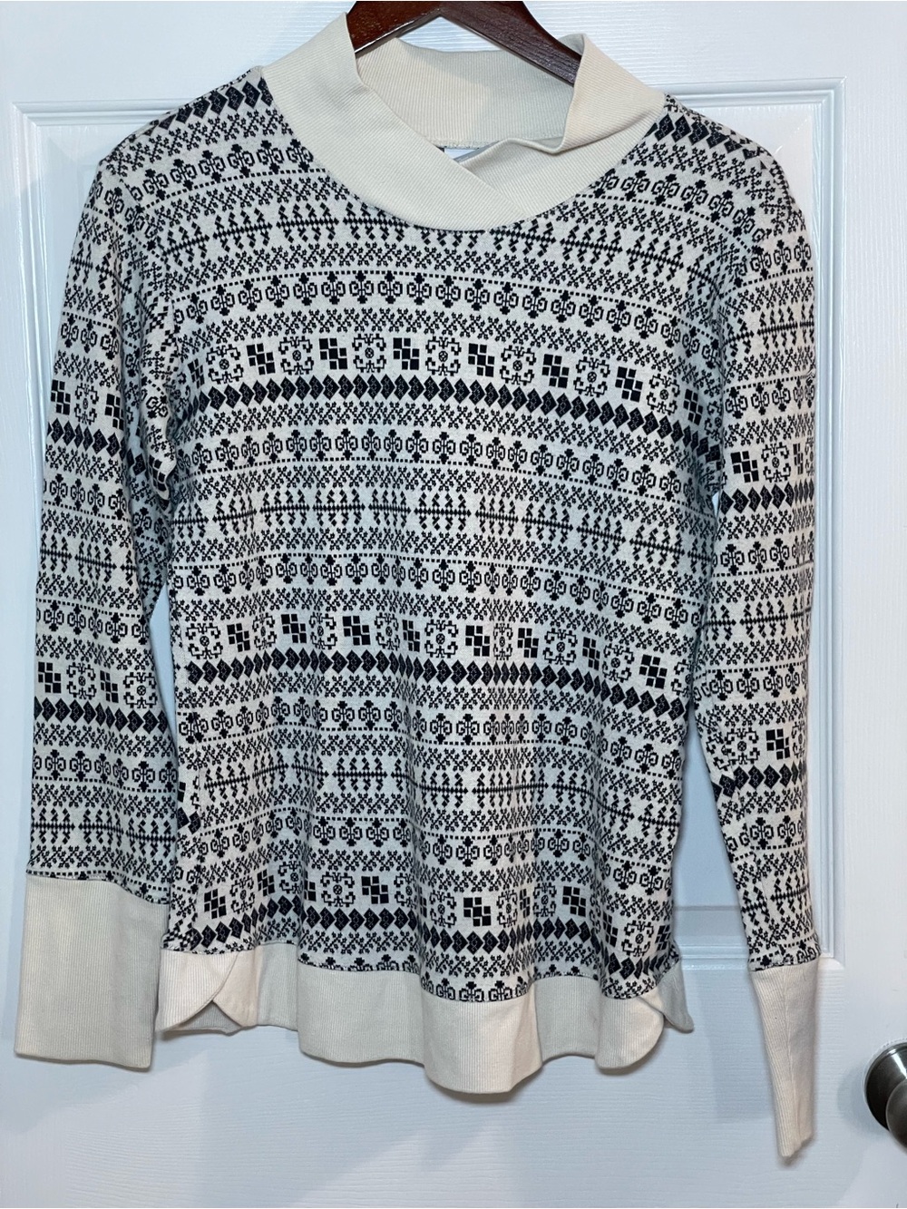 Columbia Women’s Fair Isle Nordic Cowl Neck Pullover Sweater Cream Black L